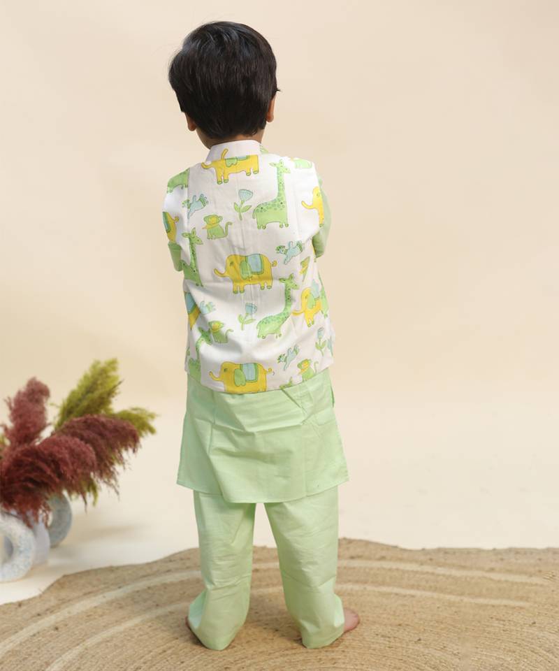 Green printed cotton kurta jacket set