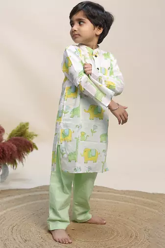 White printed cotton kurta set