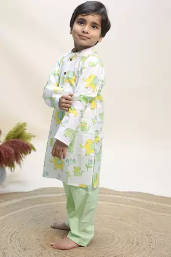 White printed cotton kurta set