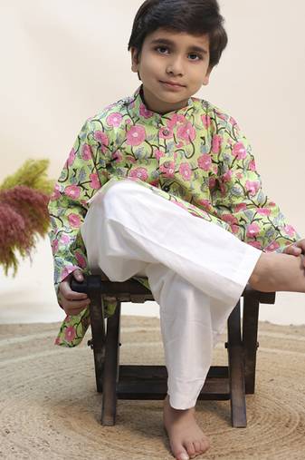 Green printed cotton kurta set