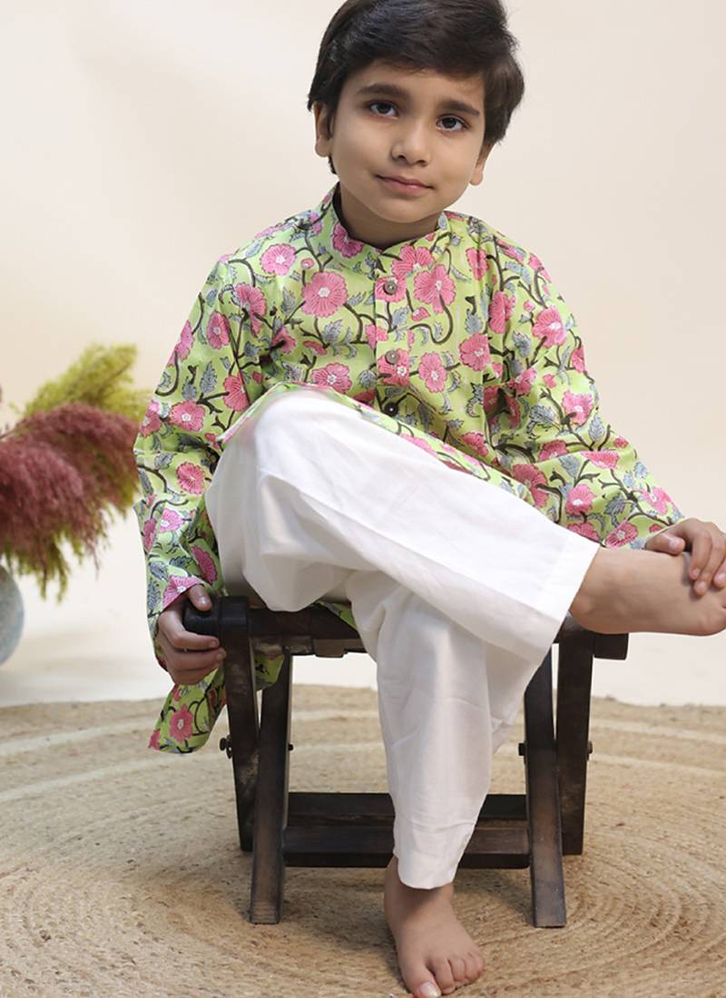 Green printed cotton kurta set