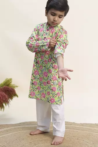 Green printed cotton kurta set