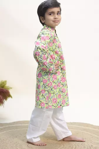 Green printed cotton kurta set