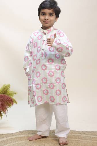 White printed cotton kurta set