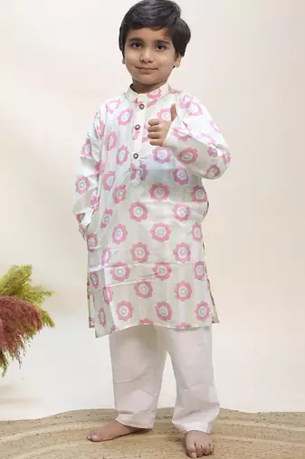 White printed cotton kurta set
