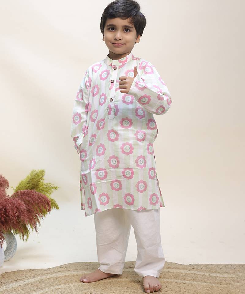 White printed cotton kurta set