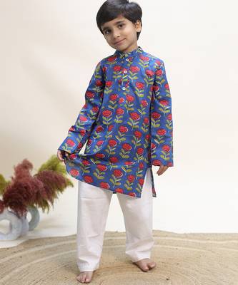 Blue printed cotton kurta set 1