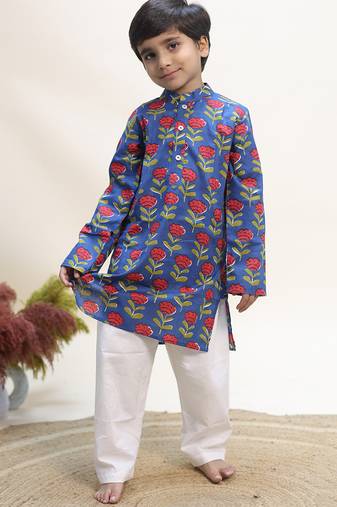 Blue printed cotton kurta set