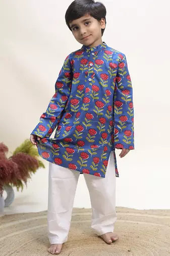 Blue printed cotton kurta set