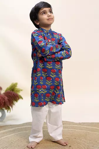 Blue printed cotton kurta set