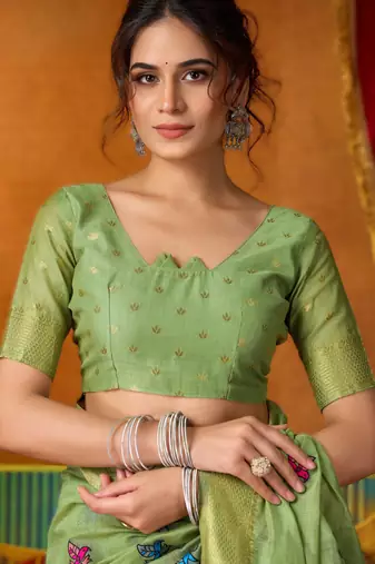 Green khadi cotton saree with elegant jhallar border
