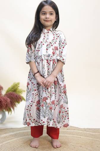 White printed cotton anarkali