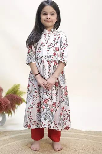 White printed cotton anarkali