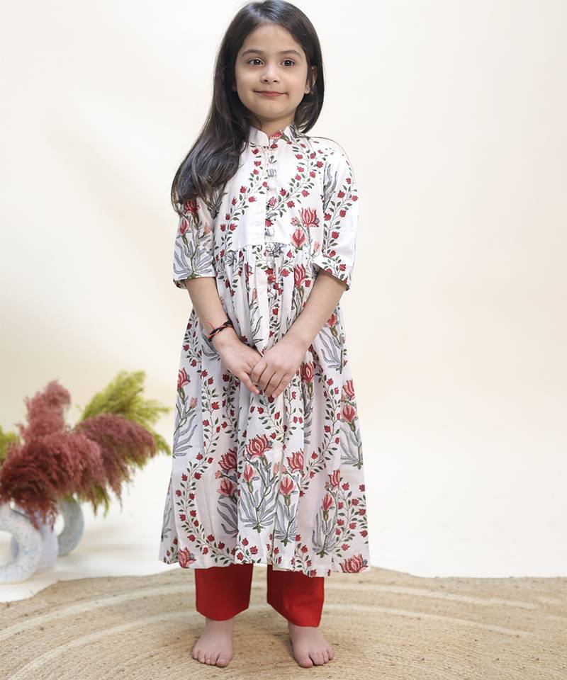 White printed cotton anarkali