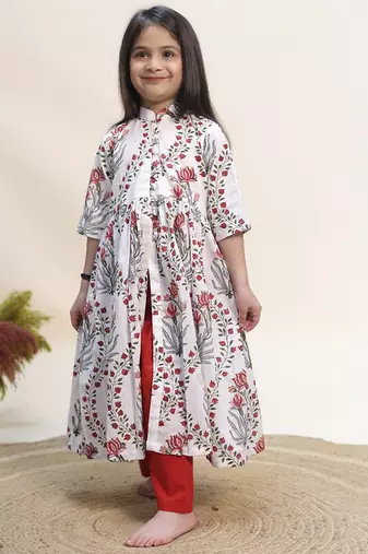 White printed cotton anarkali