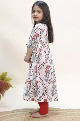 White printed cotton anarkali