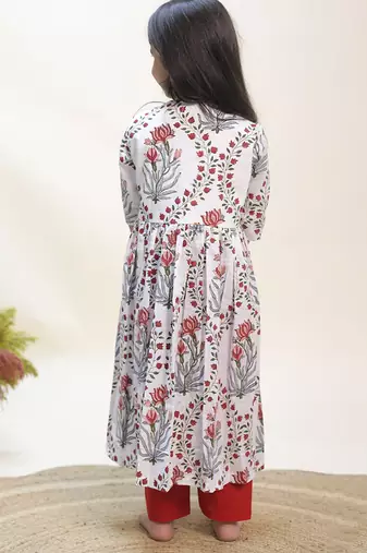 White printed cotton anarkali