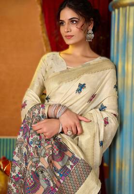 Off white khadi cotton saree with elegant jhallar border 4