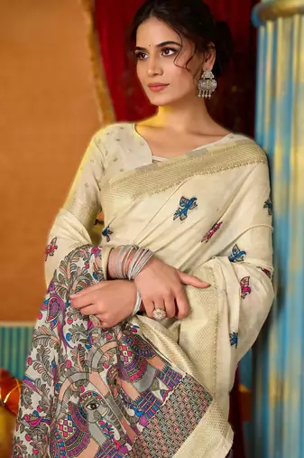 Off white khadi cotton saree with elegant jhallar border
