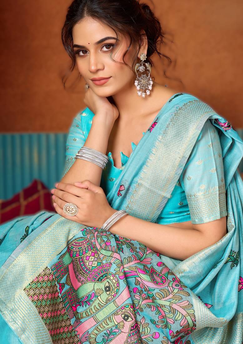 Blue khadi cotton saree with elegant jhallar border