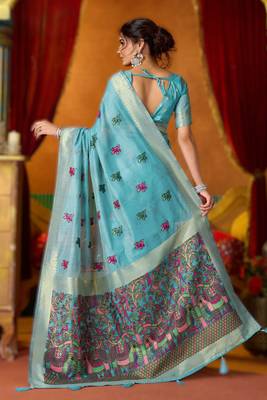 Blue khadi cotton saree with elegant jhallar border 4