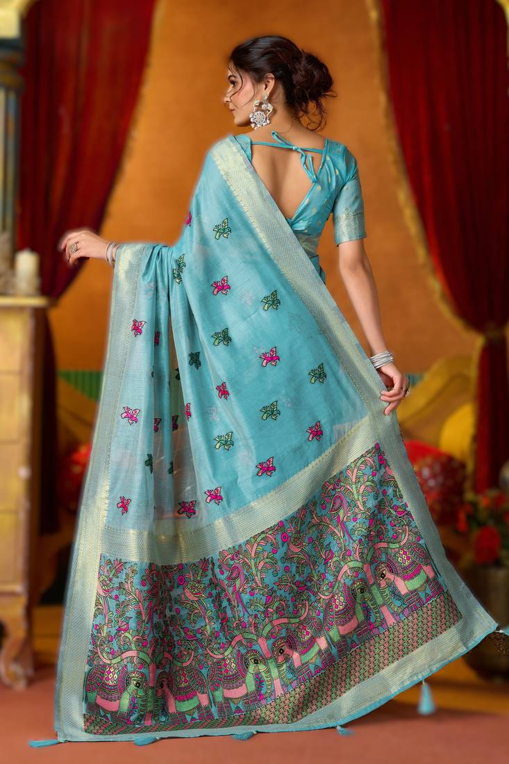 Blue khadi cotton saree with elegant jhallar border