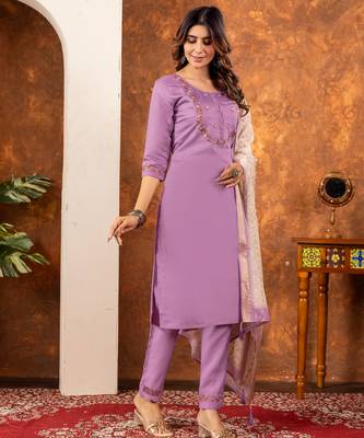 Lavender embroidered marina silk kurta set with dupatta 1
