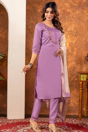 Lavender embroidered marina silk kurta set with dupatta