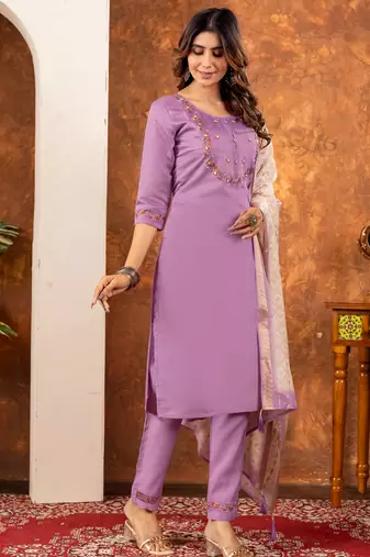 Lavender embroidered marina silk kurta set with dupatta