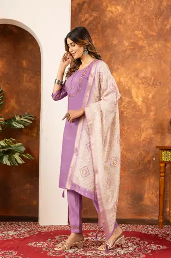 Lavender embroidered marina silk kurta set with dupatta