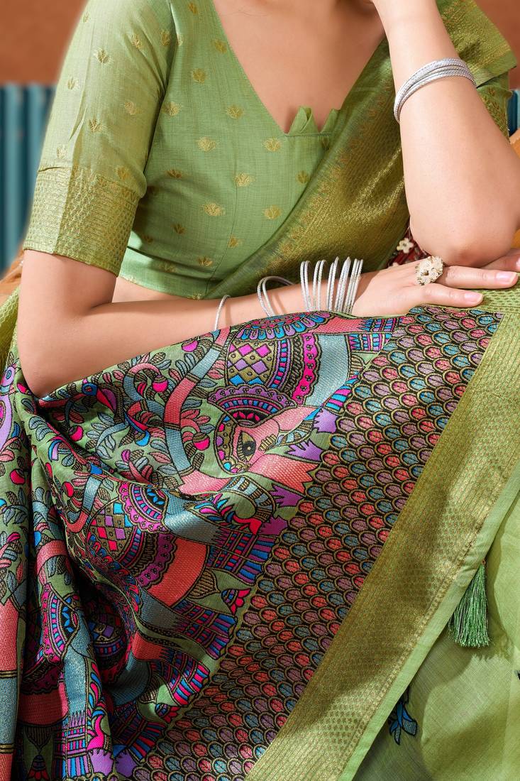 Green khadi cotton saree with elegant jhallar border
