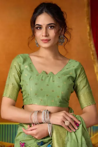 Green khadi cotton saree with elegant jhallar border