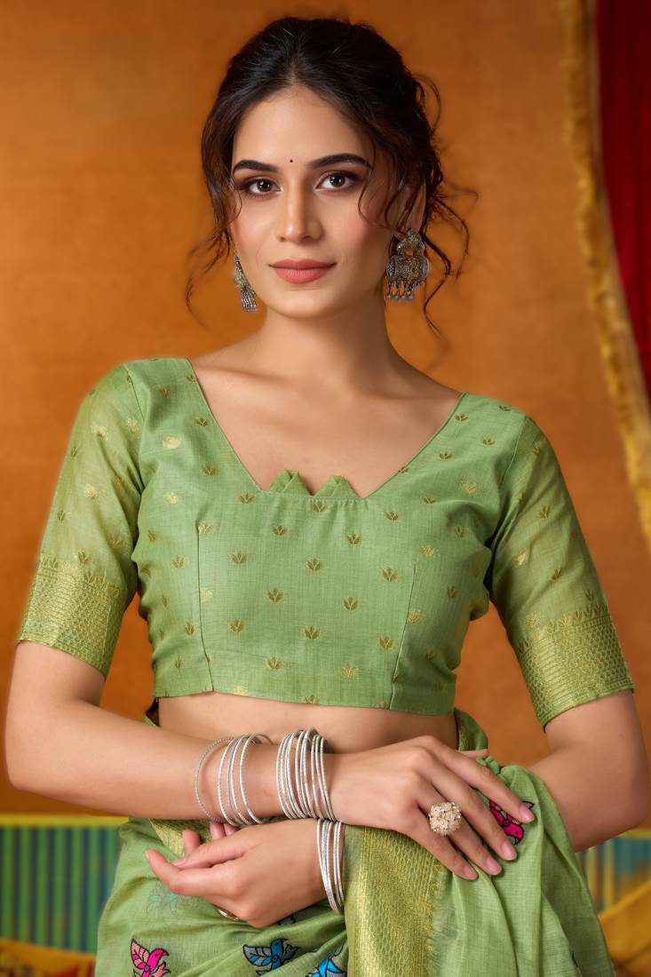 Green khadi cotton saree with elegant jhallar border