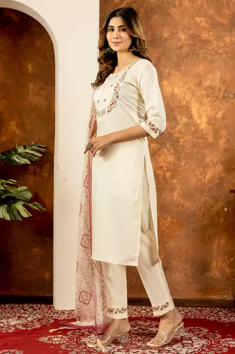 Off white embroidered marina silk kurta set with dupatta