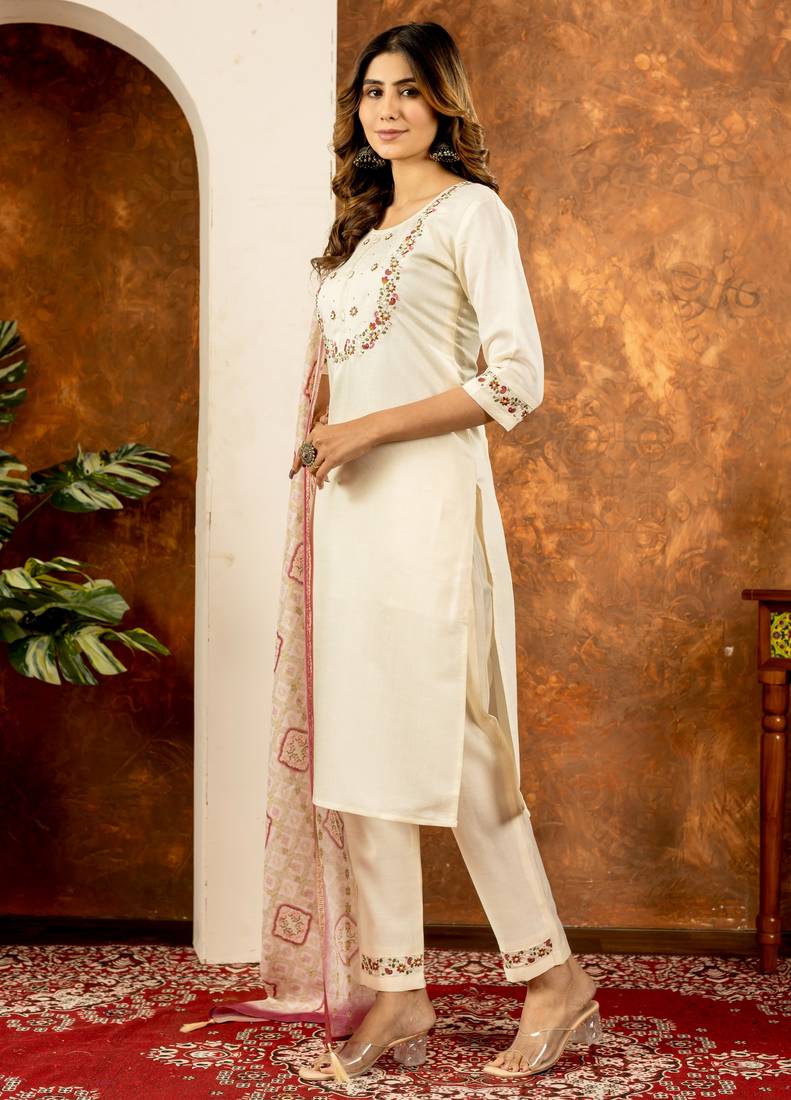 Off white embroidered marina silk kurta set with dupatta