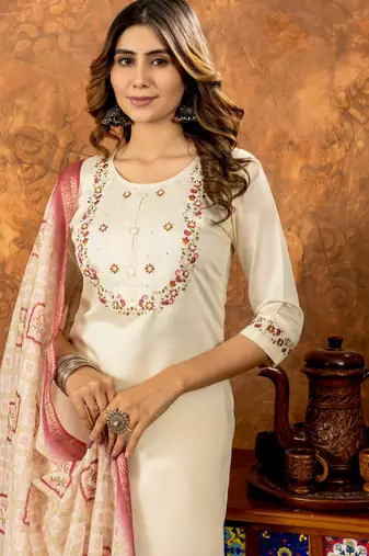 Off white embroidered marina silk kurta set with dupatta
