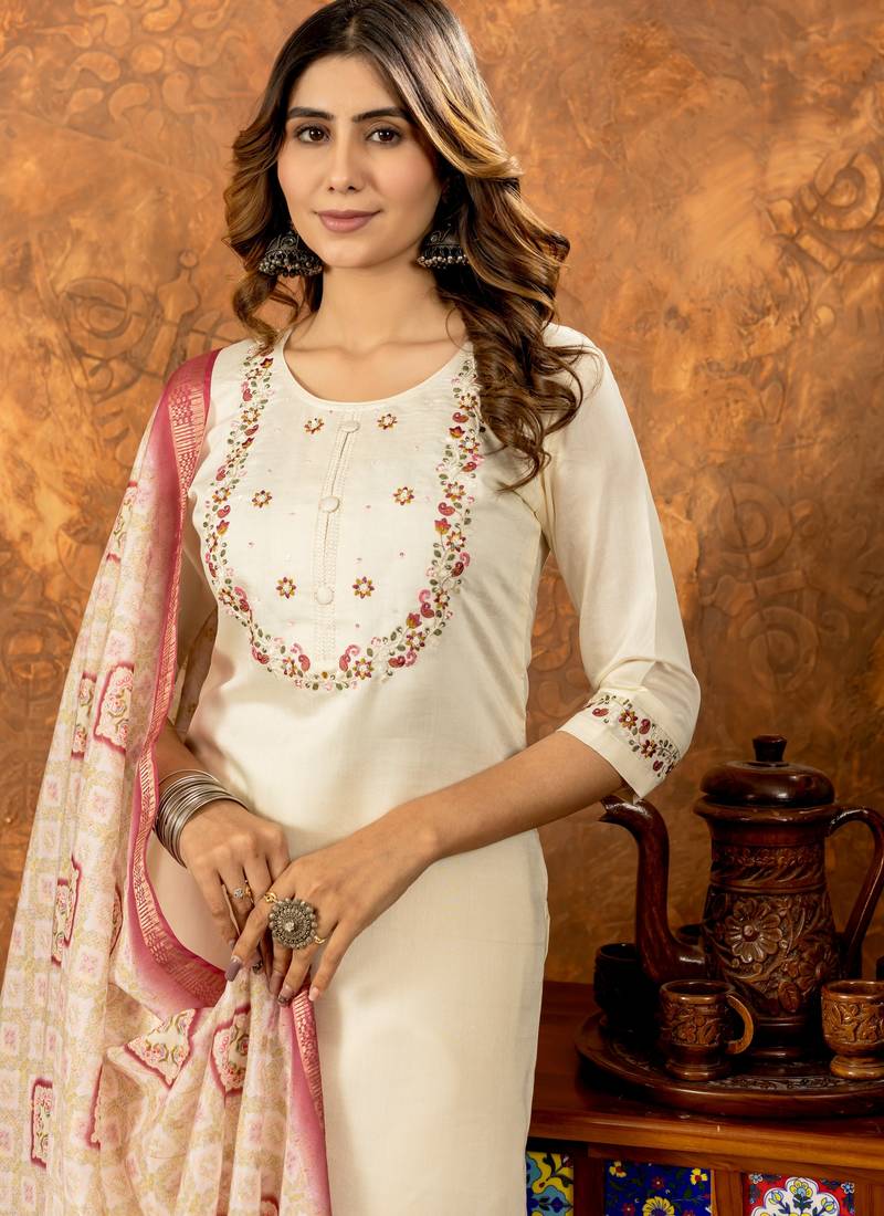Off white embroidered marina silk kurta set with dupatta