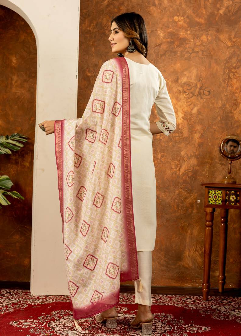 Off white embroidered marina silk kurta set with dupatta