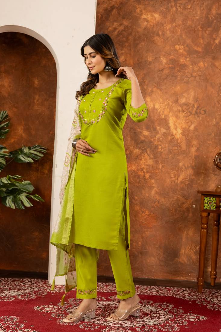 Parrot green embroidered marina silk kurta set with dupatta
