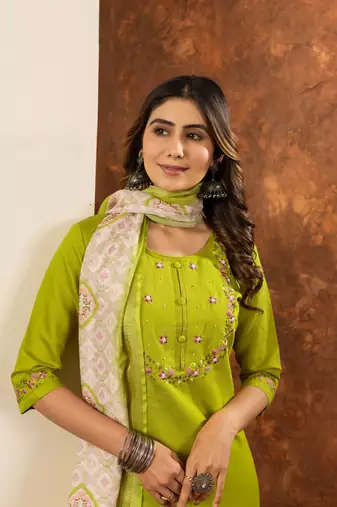 Parrot green embroidered marina silk kurta set with dupatta