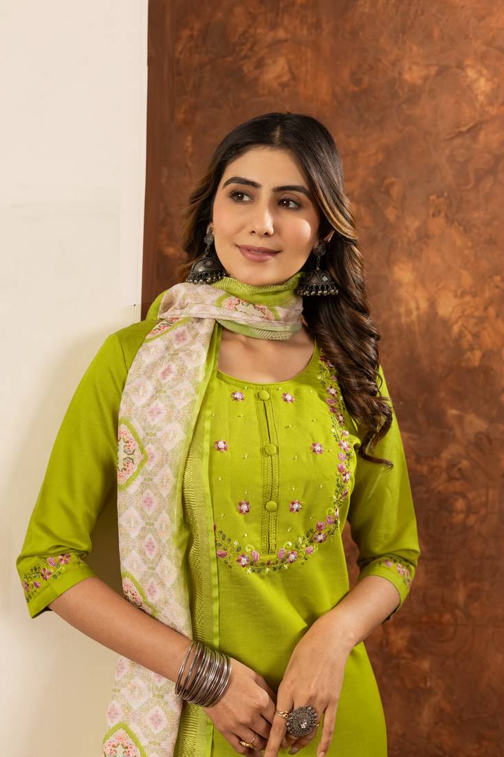 Parrot green embroidered marina silk kurta set with dupatta
