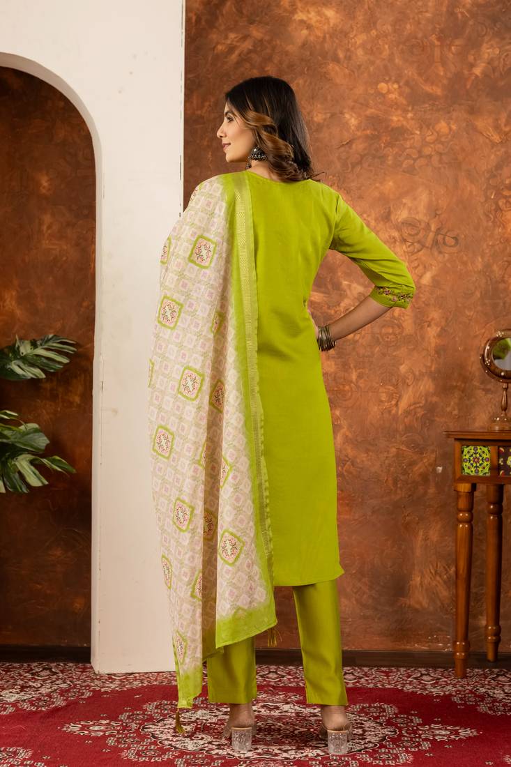 Parrot green embroidered marina silk kurta set with dupatta