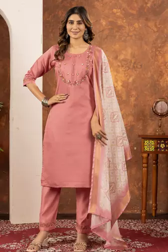 Peach embroidered marina silk kurta set with dupatta