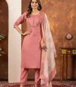 Peach embroidered marina silk kurta set with dupatta