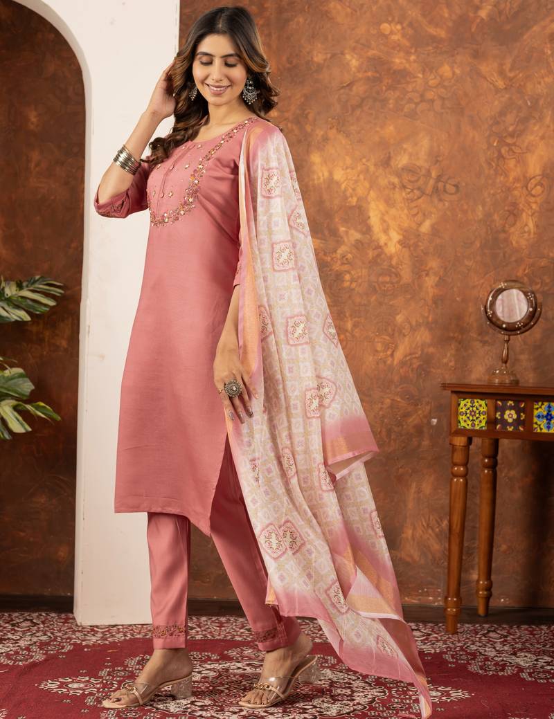 Peach embroidered marina silk kurta set with dupatta