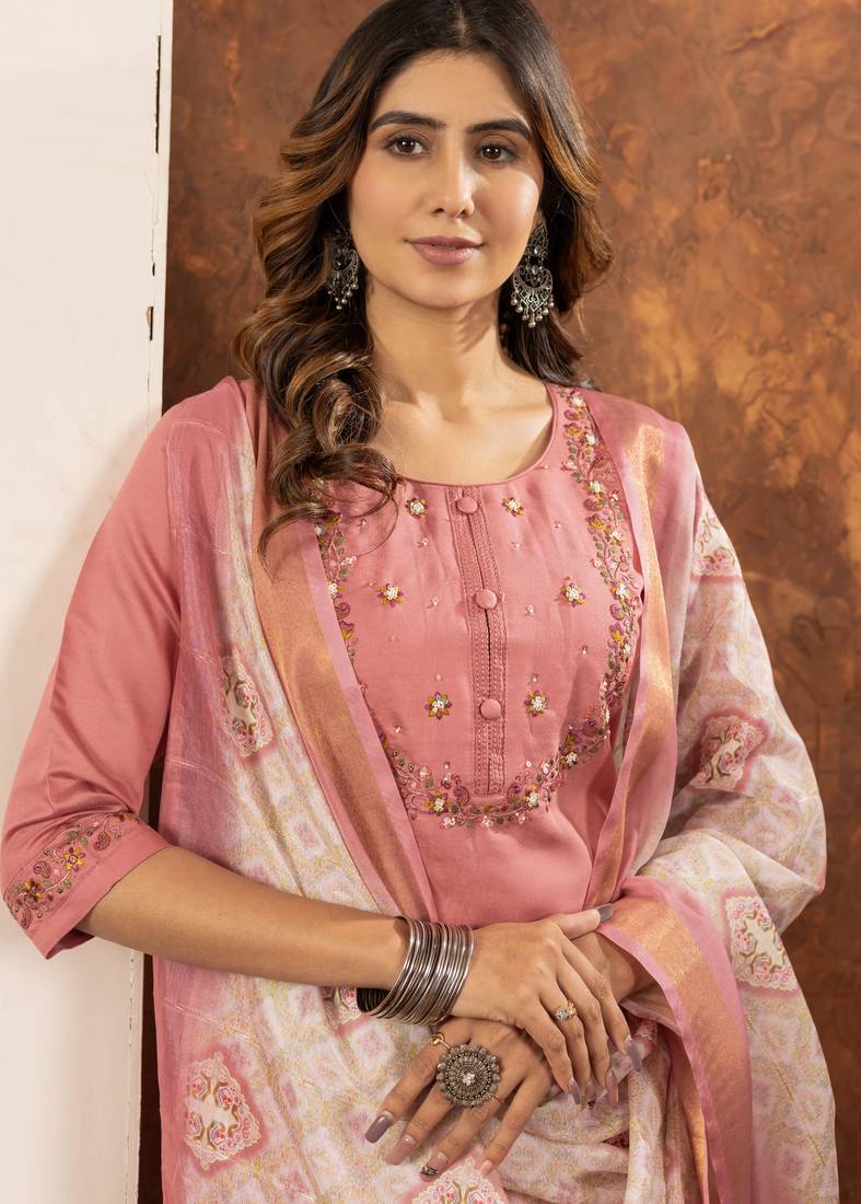 Peach embroidered marina silk kurta set with dupatta