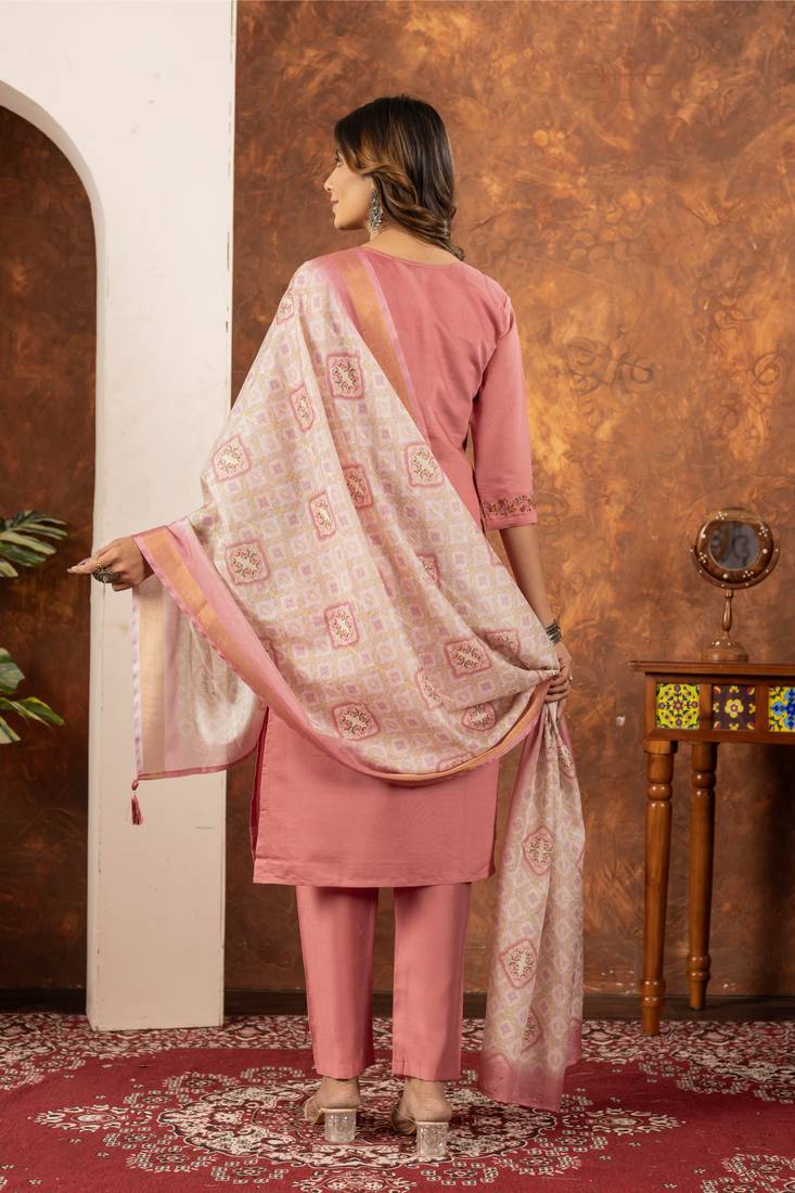 Peach embroidered marina silk kurta set with dupatta