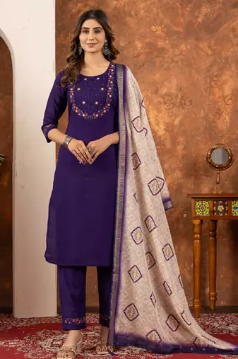 Purple embroidered marina silk kurta set with dupatta