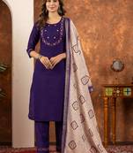 Purple embroidered marina silk kurta set with dupatta