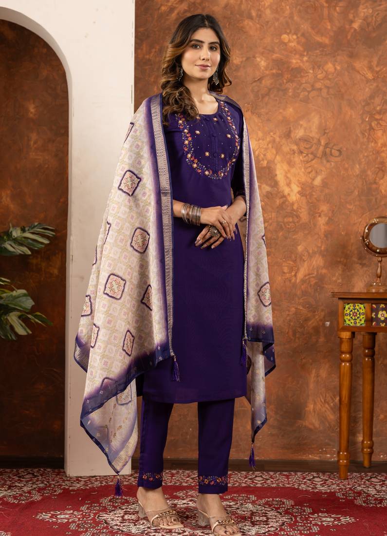 Purple embroidered marina silk kurta set with dupatta